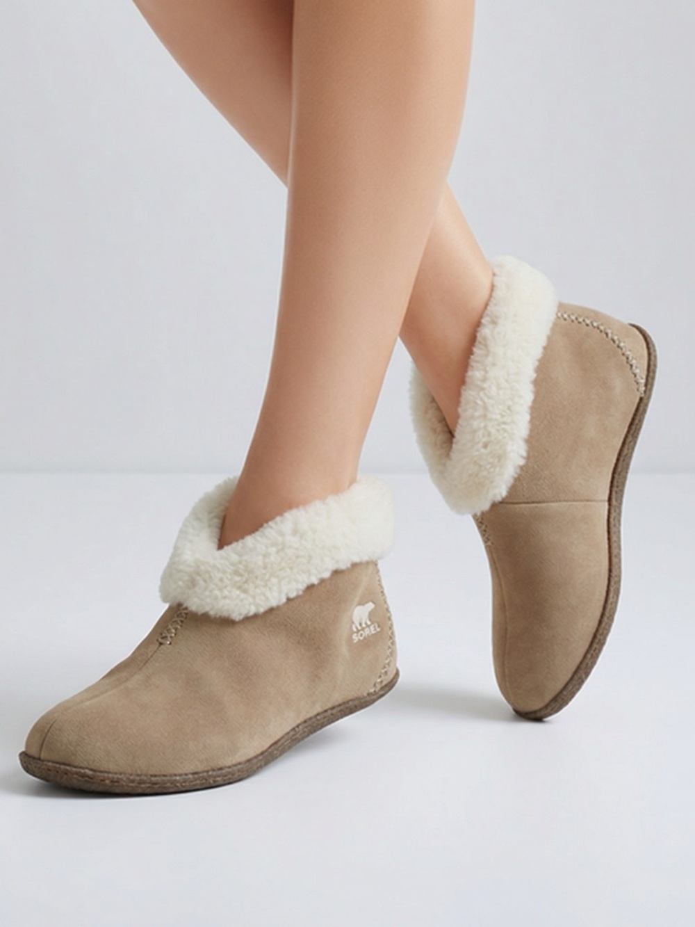 Sorel Valle Bleue Womens 6 M Tan Suede Leather Ankle Bootie Sherpa Lined Slipper